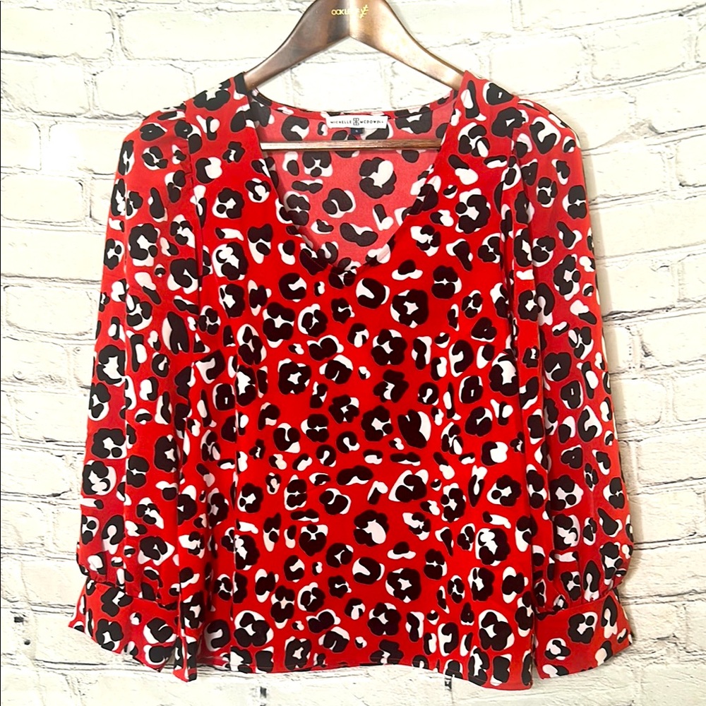 Michelle McDowell Red & Black Leopard Print Long Sleeve V-Neck Blouse Size Small